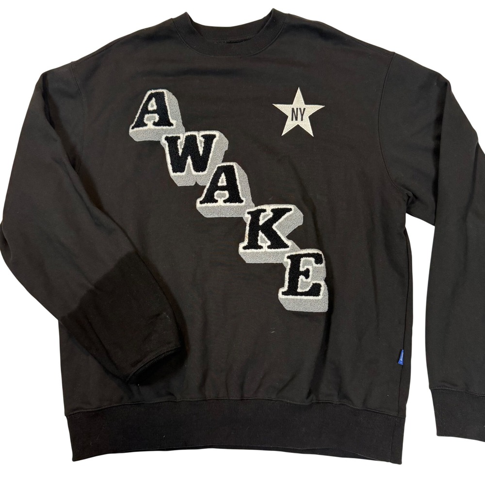 Awake NY Mens Black Chenille Logo Star Graphic Crewneck Sweatshirt Large